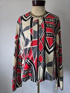 Joseph Ribkoff abstract sequin jacket features a vibrant red, black, Beige.